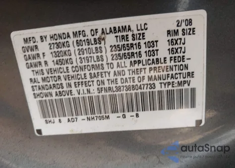 2008 Honda Odyssey Exl from USA, damaged, VIN 5FNRL38738B047733